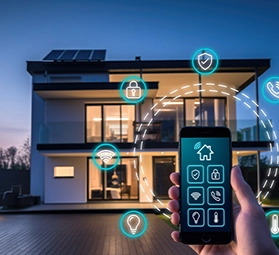 Alarmas de Seguridad cr 14 en segundo plano una casa de dos pisos iluminada y en primer plano una mano con un celular y una aplicación de seguridad inteligente