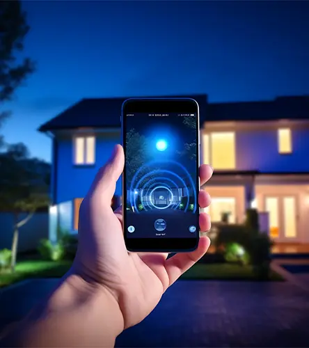 Por qué Alarmas Golán en segundo plano se observa una casa con iluminación y un resplandor azul, en primer plano una mano sostiene un celular con una aplicación de seguridad